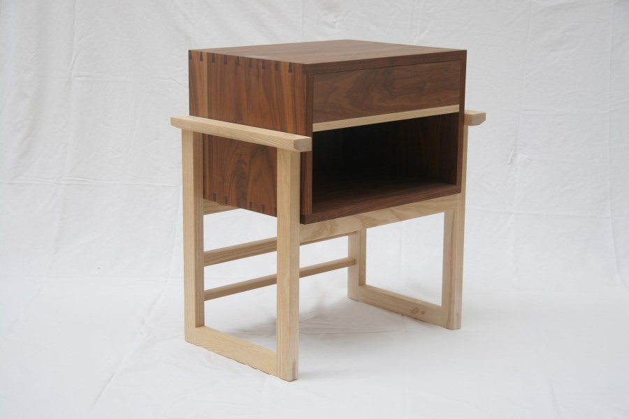 Solid walnut and ash bedside cabinet, made in London