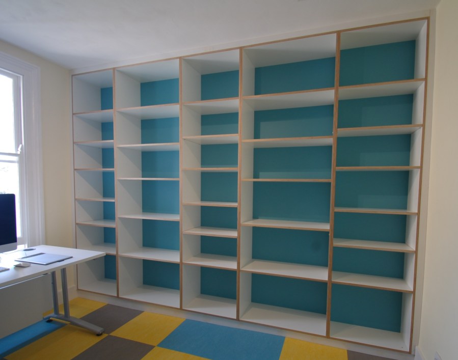 Bespoke melamine faced birch plywood office shelving